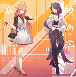  2girls absurdres alternate_costume animal_ears bag barcode black_hairband black_shirt bow bowtie bracelet breasts bridal_gauntlets character_name cleavage closed_mouth commentary_request contemporary crop_top floppy_ears food fox_ears fruit full_body genshin_impact grin hairband hand_on_own_head hand_on_own_hip handbag high_heels highres holding holding_food holding_fruit jewelry krao long_hair long_sleeves looking_at_viewer multiple_girls navel pants pink_hair purple_eyes purple_footwear purple_hair purple_pants raiden_shogun red_bow red_bowtie red_footwear shirt side_slit single_bare_shoulder single_bridal_gauntlet skirt sleeves_past_elbows smile socks swept_bangs tassel translation_request very_long_hair vest white_shirt white_skirt white_socks white_vest yae_miko 