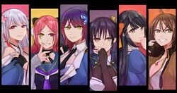  6+girls :d ahoge assault_lily bare_shoulders black_background black_choker black_gloves black_hair black_necktie black_ribbon black_shirt blue_jacket bow braid breasts brown_cardigan brown_eyes brown_gloves brown_hair butterfly_hair_ornament buttons cardigan choker cleavage closed_mouth collared_shirt column_lineup commentary_request criss-cross_halter crossed_bangs detached_sleeves diagonal-striped_clothes diagonal-striped_necktie earrings elbow_gloves epaulettes finger_to_mouth fingernails flower funada_kiito funada_ui gloves gradient_hair green_eyes grey_hair grin hair_between_eyes hair_flower hair_ornament hair_ribbon hairbow hairpods half_gloves half_updo halterneck hand_on_own_arm hand_on_own_chin hand_on_own_shoulder hand_to_own_mouth hand_up headphones headphones_around_neck heterochromia highres hishida_haru jacket jewelry juliet_sleeves kawamura_yuzuriha large_breasts long_hair long_sleeves looking_at_viewer looking_to_the_side medium_breasts mole mole_under_eye mole_under_mouth multicolored_hair multiple_girls necklace necktie nigari_(ngari_0115) o-ring o-ring_choker odaiba_girls_high_school_uniform open_cardigan open_clothes orange_background orange_bow parted_bangs partially_fingerless_gloves partially_unbuttoned pendant pink_background pink_flower puffy_sleeves purple_background purple_hair red_background red_eyes red_hair ribbon school_uniform shiba_tomoshibi shirt short_hair short_necktie siblings side_braid single_braid sisters sleeves_past_wrists smile striped_clothes stud_earrings tsukioka_momiji twintails two-tone_hair two-tone_shirt undone_necktie upper_body white_shirt x_hair_ornament yellow_background yellow_eyes yellow_ribbon 