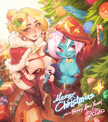  2020 absurdres bad_id bad_pixiv_id bell belt bikini bikini_top_only black_bikini black_gloves black_legwear blonde_hair blue_skin blush box breasts candy candy_cane christmas christmas_tree cleavage collar colored_skin doll earrings food gift gift_box gloves gofa happy_new_year highres hood hoodie jewelry large_breasts leaning_forward merry_christmas navel neck_bell necklace new_year original parted_lips photoshop_(medium) red_eyes red_hoodie ring short_hair smile swimsuit thighhighs toy_train white_hair 