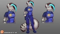  16:9 2020 ai&#039;lu_(law_of_love) anthro black_hair black_spots bodysuit breasts clothed clothing digital_media_(artwork) ear_piercing ear_ring fangs felid female fur grey_body grey_fur hair law_of_love mammal markings open_mouth pantherine patreon patreon_logo piercing police reaper3d ring_piercing simple_background skinsuit smile snow_leopard solo spots spotted_body spotted_fur teeth text tight_clothing url widescreen 