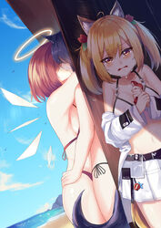  3girls ahoge alternate_costume animal_ears arknights bare_shoulders beach bikini black_hair blonde_hair blue_sky breasts brown_eyes cloud commentary_request cowboy_shot crying crying_with_eyes_open day exusiai_(arknights) flower hair_flower hair_ornament halo highres jacket kissing long_sleeves looking_at_viewer medium_breasts miniskirt multiple_girls navel netorare off_shoulder official_alternate_costume open_clothes open_jacket open_mouth outdoors red_flower red_hair short_hair side-tie_bikini_bottom skirt sky sora_(arknights) sora_(summer_flowers)_(arknights) standing stomach swimsuit tail tears texas_(arknights) twintails water white_bikini white_skirt wolf_ears wolf_tail yatsucchie yuri 