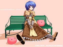  :3 armored_boots bench blue_hair boots brown_capelet brown_dress brown_footwear capelet chest_guard circle_name closed_mouth commentary_request copyright_name dress expressionless female floral_print frilled_dress frills full_body gauntlets kazuma_muramasa pink_background poring purple_eyes ragnarok_online rose_print short_hair sitting slime_(creature) sword swordsman_(ragnarok_online) weapon web_address 