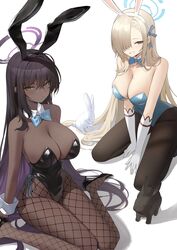  2girls absurdres animal_ears asuna_(blue_archive) asuna_(bunny)_(blue_archive) asymmetrical_bangs black_hair black_leotard black_rabbit_(animal) blue_archive blue_bow blue_bowtie blue_eyes blue_halo blue_leotard blush bow bowtie breasts closed_mouth dark-skinned_female dark_skin detached_collar elbow_gloves fake_animal_ears fishnet_pantyhose fishnets gloves grin halo highres karin_(blue_archive) karin_(bunny)_(blue_archive) large_breasts leotard long_hair mole mole_on_breast multiple_girls nogong official_alternate_costume pantyhose playboy_bunny purple_halo rabbit_ears sideboob smile strapless strapless_leotard very_long_hair white_rabbit_(animal) wrist_cuffs yellow_eyes 