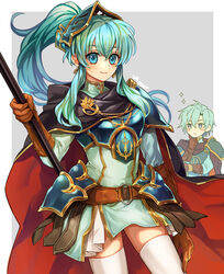  1boy aqua_hair armor blue_eyes blue_hair blush boots breastplate breasts brother_and_sister cape cosplay earrings eirika_(fire_emblem) eirika_(pledged_restorer)_(fire_emblem) ephraim_(fire_emblem) ephraim_(fire_emblem)_(cosplay) female fingerless_gloves fire_emblem fire_emblem:_the_sacred_stones fire_emblem_heroes gloves green_hair highres jewelry long_hair looking_at_viewer nana_(nanalog76) official_alternate_costume official_alternate_hairstyle open_mouth polearm ponytail short_hair siblings simple_background skirt smile spear thighhighs weapon zettai_ryouiki 