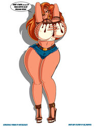  anthro big_breasts bottomwear breasts canid canine canis clothed clothing cutoffs deaddog2007 denim denim_bottomwear denim_clothing digital_media_(artwork) disney domestic_dog ear_piercing english_text female footwear goof_troop hair hi_res high_heels huge_breasts krocialblack long_hair looking_at_viewer mammal nipple_outline one_eye_closed piercing platform_footwear platform_heels red_hair roxanne_(goof_troop) seductive shoes shorts skimpy smile solo text thick_thighs wide_hips wink 