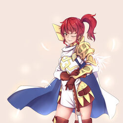  airdoor anna_(fire_emblem) armor belt blue_cape boots cape coat dress feathers female fire_emblem fire_emblem_heroes gloves highres leather leather_gloves one_eye_closed pauldrons red_hair scale_armor shoulder_armor side_ponytail sidelocks solo thigh_boots thighhighs two-tone_cape white_coat white_feathers yellow_eyes zettai_ryouiki 