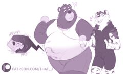  anthro bear belly bodily_fluids clothing dessert dialogue entrapment felid food fupa hi_res hidden ice_cream inside_clothing inside_shirt laugh male mammal micro moobs moonbear muffling navel overweight overweight_male pantherine slightly_chubby smothering squish stripes sweat text that_j tiger unaware url 