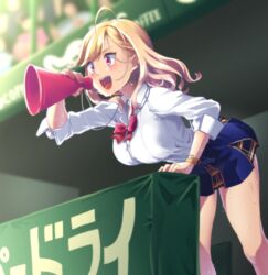  ahoge alternate_costume bleachers blonde_hair blue_skirt bow bracelet breasts cheering collared_shirt commentary eyelashes female fingernails hair_strand hakkaku_shikimi highres holding holding_megaphone jewelry leaning_forward long_sleeves looking_ahead medium_breasts megaphone miniskirt nail_polish nijisanji official_alternate_costume open_collar open_mouth red_eyes school_uniform see-through see-through_shirt shirt shouting skirt sleeves_rolled_up smile stadium sweat takamiya_rion takamiya_rion_(7th_costume) thighs tongue uniform very_sweaty virtual_youtuber white_shirt 