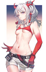  absurdres arknights belt black_belt bra bra_pull bracelet braid breasts chinese_commentary cleavage clothes_pull collarbone commentary cowboy_shot dragon_horns female hair_ornament highres horns jewelry long_hair looking_at_viewer multicolored_hair navel nian_(arknights) pointy_ears ponytail purple_eyes red_bra red_hair saw272 shorts single_braid small_breasts solo stomach streaked_hair thigh_gap underwear v white_hair white_shorts 