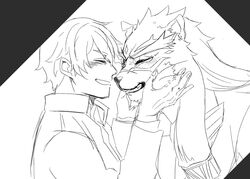  anthro blush closed_eyes clothed clothing duo felid feline hair holding_face human izm_rm7 lifewonders line_art male male/male mammal monochrome pantherine protagonist_(tas) scar smile tezcatlipoca_(tas) tokyo_afterschool_summoners twink_protagonist_(tas) whiskers 