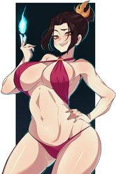  avatar:_the_last_airbender avatar_legends azula bikini black_hair blue_fire breasts commentary commission cowboy_shot element_bending english_commentary female fire hair_bun hair_ornament hand_on_own_hip highres large_breasts looking_at_viewer navel o-ring o-ring_bikini pyrokinesis single_hair_bun solo swimsuit tongue tongue_out topknot yoshiikirablr 