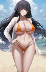  abpart absurdres arm_at_side beach bikini black_hair blurry blurry_background breasts cleavage closed_mouth collarbone collared_shirt commentary english_commentary female hair_ornament hand_on_own_hip highres large_breasts long_hair long_sleeves looking_at_viewer mole mole_under_eye navel ocean orange_bikini outdoors red_eyes shirt sideboob single_bare_shoulder smile solo star_(symbol) star_hair_ornament stomach swimsuit tatakau_ataisuru tattoo thigh_gap thighs underboob water white_shirt yamaguchi_ryouko 