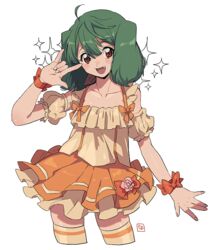  :d \m/ ahoge blush bow collarbone detached_sleeves female frills green_hair kinako_(462) layered_skirt macross macross_frontier oerba_yun_fang open_mouth ranka_lee red_eyes seikan_hikou short_hair skirt smile solo sparkle thighhighs 