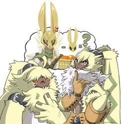  angoramon anthro bandai_namco clothing diarbbitmon digimon digimon_(species) digimon_ghost_game duo fur gloves hair hair_over_eyes handwear hi_res humanoid imagining lagomorph leporid long_ears male mammal mask ponytail_ears portugueselynx rabbit shirtless symbareangoramon thought_bubble yellow_body yellow_fur 