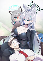  1boy 2girls animal_ears black_choker black_dress blue_archive blue_eyes breasts choker cleavage commentary_request dark_halo doodle_sensei_(blue_archive) dress extra_ears grey_hair hair_between_eyes hair_ornament halo hand_on_another&#039;s_head headpat highres jealous kanmuri_(kannmuri0227) lap_pillow large_breasts long_hair long_sleeves lying lying_on_lap multiple_girls necktie red_necktie school_uniform sensei_(blue_archive) shiroko_(blue_archive) shiroko_terror_(blue_archive) sitting sleeping sleeping_on_person smile wolf_ears 