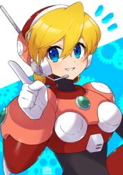  :d alia_(mega_man) android armor blonde_hair blue_eyes commentary dated eyelashes female gears hair_between_eyes headset highres index_finger_raised looking_at_viewer mega_man_(series) mega_man_x_(series) open_mouth pink_armor robot robot_ears signature smile solo teeth tobitori two-tone_background upper_teeth_only 