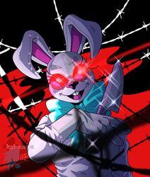  2020 abstract_background absurd_res anthro big_bow_tie big_ears big_eyes black_background black_nose bow_tie breasts buckteeth eyebrows eyelashes female fingers five_nights_at_freddy&#039;s five_nights_at_freddy&#039;s:_security_breach glowing glowing_eyes half-length_portrait hi_res knife lagomorph leporid long_ears looking_at_viewer mammal multicolored_ears open_mouth pink_ears pink_tongue portrait rabbit red_background red_eyes red_sclera scottgames shyphorra_(artist) simple_background smile solo standing steel_wool_studios teeth tongue vanny_(fnaf) weapon white_background white_body white_ears white_eyebrows 