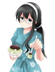  alternate_costume black-framed_eyewear black_hair blue_dress commentary_request cowboy_shot cup dated dessert dress female floral_print food glasses green_eyes hairband highres holding holding_cup holding_spoon ice_cream_spoon incoming_food kantai_collection kuroneko86 long_hair looking_at_viewer low_ponytail one-hour_drawing_challenge ooyodo_(kancolle) ponytail semi-rimless_eyewear shaved_ice simple_background smile solo spoon ujikintoki white_background white_hair 