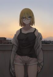  aki_(tabao) arms_at_sides balcony bare_shoulders black_tank_top blonde_hair blue_eyes blush breasts building closed_mouth collarbone commentary empty_eyes feet_out_of_frame female glasses gradient_sky hair_between_eyes highres jacket jacket_partially_removed light_blush lips long_sleeves looking_at_viewer medium_breasts mole mole_under_eye morning nose_blush open_clothes open_jacket original pink_shorts power_lines short_hair short_shorts shorts sky solo squinting standing star_(sky) strap_slip sunrise tabao tank_top utility_pole venus_(planet) white_jacket 