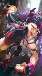  2girls biceps black_hair blonde_hair blue_eyes boots bracelet cammy_white combat_boots crop_top cropped_jacket crosscounter fangs hair_horns high_kick highres in_the_face jewelry juri_han kicking knee_to_face mhk_(mechamania) motion_blur multiple_girls muscular muscular_female one_eye_closed red_footwear scar scar_on_face smile spiked_bracelet spikes street_fighter street_fighter_6 