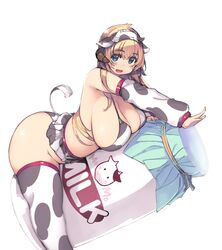  2021 absurdres animal_costume animal_ears animal_print bikini blacksmith_(ragnarok_online) blonde_hair blue_eyes bottle bovine breasts chinese_zodiac cleavage cow_costume cow_ears cow_horns cow_print cow_tail detached_sleeves female highres horns huge_breasts long_hair mil_(xration) milk_bottle new_year print_bikini ragnarok_online sideboob solo swimsuit tail thighhighs very_long_hair year_of_the_ox 