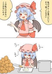  arm_behind_back ascot bat_wings blue_hair bow commentary cooking cooking_pot crying crying_with_eyes_open curry cutting_board cutting_onions dress fangs female food frilled_shirt frilled_shirt_collar frilled_sleeves frills hat hat_ribbon highres jewelry knife looking_at_viewer mob_cap nihohohi oerba_yun_fang onion open_mouth pink_dress puffy_short_sleeves puffy_sleeves red_ascot red_bow red_eyes red_ribbon remilia_scarlet ribbon ribbon_trim sash shirt short_hair short_sleeves simple_background solo tearing_up tears touhou translated uu~ vampire white_background wings wrist_cuffs 