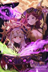  2girls animal artist_name bird black_dress black_sleeves blunt_bangs book breasts cleavage closed_mouth cloud cloudy_sky commentary covered_collarbone crystal detached_sleeves dragalia_lost dress english_commentary fire_emblem fire_emblem_heroes grey_hair headpiece hentaki highres holding holding_weapon light_smile loki_(fire_emblem) long_hair long_sleeves looking_at_viewer medium_breasts multiple_girls open_book outdoors parted_lips purple_eyes purple_hair purple_headwear red_eyes sky sleeveless sleeveless_dress sleeves_past_wrists veronica_(fire_emblem) very_long_hair watermark weapon web_address 