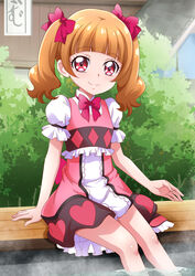  aisaki_emiru argyle ashiyu blunt_bangs bow bowtie brown_hair closed_mouth dress female foot_bath hairbow hanzou heart heart_print highres hugtto!_precure long_hair looking_at_viewer precure red_bow red_bowtie red_eyes shiny_skin short_dress short_sleeves sitting smile soaking_feet solo sunlight twintails white_sleeves 