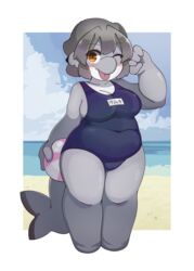  4_fingers anthro ball beach beach_ball belly belly_folds blush clothing digital_media_(artwork) female fingers fish grey_body grey_hair grey_skin hair hi_res holding_object inflatable kemono looking_at_viewer marine open_mouth orange_eyes sakesame_(pixiv) seaside shark shark_tail short_hair slightly_chubby slightly_chubby_anthro slightly_chubby_female solo swimwear thick_thighs tight_clothing white_body 