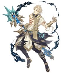  1boy aladdin_(character) asymmetrical_clothes blonde_hair blue_eyes bracer claw_ring full_body holding holding_staff ji_no looking_at_viewer male_focus official_art sandals scar sinoalice smoke solo staff torn_clothes transparent_background 