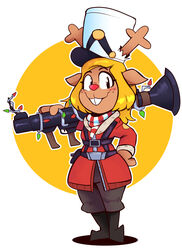  absurd_res anthro antlers blonde_hair clothed clothing cloudidoodles deer deltarune female hair hat headgear headwear hi_res horn looking_at_viewer mammal new_world_deer noelle_holiday pose ranged_weapon red_nose reindeer rocket_launcher simple_background smile soldier_(team_fortress_2) solo standing team_fortress_2 undertale_(series) valve weapon 