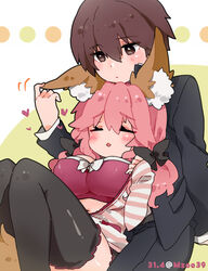  1boy :3 animal_ear_fluff animal_ears artist_name black_bow blush bow bra breasts brown_eyes brown_hair closed_eyes closed_mouth commentary_request couple fate/extra fate/extra_ccc fate_(series) female fox_ears fox_girl fox_tail hair_between_eyes heart hood hoodie kishinami_hakuno_(male) large_breasts long_hair long_sleeves looking_down lying lying_on_person open_clothes open_hoodie osakana_(rrg0123) pink_bra pink_hair sidelocks sitting sleeping sleeping_on_person straight striped_clothes striped_hoodie tail tamamo_(fate) tamamo_no_mae_(fate/extra) tamamo_no_mae_(spring_casual)_(fate) tsukumihara_academy_uniform_(fate/extra_ccc) twitter_username underwear white_background white_bow yellow_background 