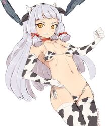  alchera animal_ears animal_print bikini breasts brown_eyes clenched_teeth cow_ears cow_horns cow_print cowboy_shot fake_animal_ears fake_horns female grey_hair hair_ribbon headgear horns kantai_collection long_hair murakumo_(kancolle) one-hour_drawing_challenge ribbon short_eyebrows side-tie_bikini_bottom sidelocks simple_background small_breasts solo swimsuit teeth thighhighs tress_ribbon white_background white_bikini white_thighhighs 