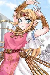  3boys arms_up blonde_hair breasts closed_mouth commentary_request cowboy_shot day dress earrings female forehead_jewel ganondorf gem green_eyes jewelry little_mac long_hair looking_at_viewer mario mario_(series) medium_breasts multiple_boys parted_bangs pointy_ears princess_zelda punch-out!! sidelocks smile solo_focus super_smash_bros. the_legend_of_zelda the_legend_of_zelda:_a_link_between_worlds the_legend_of_zelda:_ocarina_of_time tororonoyama triforce white_dress 