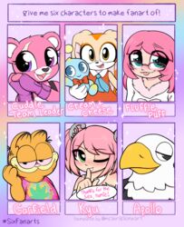  2020 absurd_res accipitrid accipitriform ambiguous_gender animal_crossing anthro apollo_(animal_crossing) avian bald_eagle bear bird blep bow_tie chao_(sonic) cheese_the_chao clothed clothing cream_the_rabbit crossover cuddle_team_leader dialogue domestic_cat duo eagle english_text epic_games eyewear fan_character felid feline felis female fluffle_puff fortnite garfield_(series) garfield_the_cat glasses half-closed_eyes hasbro heart_eyes heart_font heart_symbol hi_res human huniepop kyu_sugardust lagomorph leporid male mammal meme moozua my_little_pony narrowed_eyes nintendo rabbit sea_eagle sega six_fanarts_challenge smile solo sonic_the_hedgehog_(series) text tongue tongue_out 