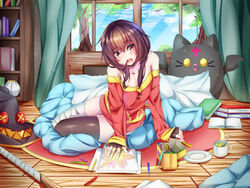  artist_name asymmetrical_legwear bandaged_leg bandages bare_shoulders blanket blue_sky book bookshelf brown_hair bush carpet clip_studio_paint_(medium) cloud collarbone colored_pencil colored_pencil_(medium) commentary cup curtains drawing dress female fingerless_gloves gloves hair_between_eyes hat highres indoors kono_subarashii_sekai_ni_shukufuku_wo! long_sleeves medium_hair megumin multicolored_eyes off-shoulder_dress off_shoulder open_mouth paper pencil pillow plate red_eyes sidelocks sky staff stuffed_toy teeth the0neulost thighhighs traditional_media tree upper_teeth_only utensil window wooden_floor yellow_eyes 