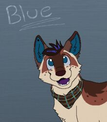  2012 aliasing ambiguous_gender blue_eyes blue_inner_ear brown_body brown_fur brown_nose bust_portrait canid canine character_name digital_drawing_(artwork) digital_media_(artwork) english_text eyebrows feral flat_colors fur grey_background handwritten_text head_tuft kerchief looking_up low_res mammal microsoft_paint_(artwork) neckerchief open_mouth open_smile pattern_kerchief pattern_neckerchief plaid_kerchief plaid_neckerchief portrait purple_tongue sebdoggo simple_background smile solo tan_body tan_fur teeth text tongue tuft 