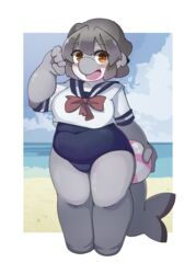  4_fingers anthro ball beach beach_ball belly belly_folds blush clothing digital_media_(artwork) female fingers fish grey_body grey_hair grey_skin hair hi_res holding_object inflatable kemono looking_at_viewer marine open_mouth orange_eyes ribbons sakesame_(pixiv) school_swimsuit seaside shark shark_tail short_hair slightly_chubby slightly_chubby_anthro slightly_chubby_female solo swimwear thick_thighs tight_clothing white_body 