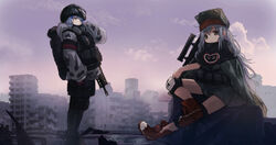  2girls absurdres assault_rifle black_footwear black_pantyhose blunt_bangs blush blush_stickers cityscape commentary_request day g11_(girls&#039;_frontline) girls&#039;_frontline gloves goggles goggles_on_headwear green_eyes green_jacket grey_eyes grey_hair gun h&amp;k_g11 h&amp;k_hk416 hair_between_eyes hair_ornament hat helmet highres hk416_(fang)_(girls&#039;_frontline) hk416_(girls&#039;_frontline) jacket kilabo long_hair looking_at_viewer mask multiple_girls outdoors pantyhose parted_lips red_gloves respirator rifle shoes sitting sneakers standing teardrop uniform weapon winter_uniform 