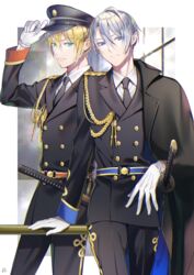  2boys aqua_eyes black_pants blazer blonde_hair blue_eyes gloves hat highres jacket katana male_focus military military_hat military_uniform multiple_boys necktie noes pants sheath sheathed sword touken_ranbu uniform weapon white_gloves white_hair window yamanbagiri_chougi yamanbagiri_kunihiro 