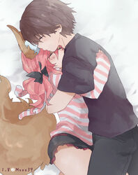  1boy animal_ear_fluff animal_ears artist_name black_bow black_shirt blush bow brown_hair closed_eyes commentary_request couple cuddling fate/extra fate/extra_ccc fate_(series) female fox_ears fox_girl fox_tail hair_between_eyes hairbow hood hoodie hug kishinami_hakuno_(male) long_hair long_sleeves lying on_bed on_side osakana_(rrg0123) pink_hair pink_hoodie shirt short_shorts short_sleeves shorts sleeping straight striped_clothes striped_hoodie tail tamamo_(fate) tamamo_no_mae_(fate/extra) tamamo_no_mae_(spring_casual)_(fate) twitter_username 