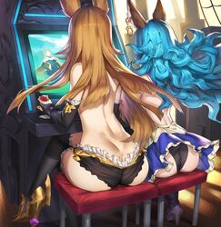  2girls animal_ears arcade_cabinet ass back backless_outfit black_footwear black_panties blue_hair boots bridal_gauntlets brown_hair butt_crack c.x.c crossed_legs earrings erune ferry_(granblue_fantasy) frills granblue_fantasy granblue_fantasy_versus high_heel_boots high_heels highres jewelry long_hair meta metera_(granblue_fantasy) multiple_girls panties pantyshot playing_games rabbit_ears single_earring sitting thigh_boots thighhighs underwear wavy_hair 