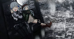  2girls absurdres assault_rifle black_footwear black_pantyhose blush blush_stickers closed_eyes commentary_request day full_body g11_(girls&#039;_frontline) girls&#039;_frontline green_jacket grey_eyes grey_hair gun h&amp;k_g11 h&amp;k_hk416 hair_between_eyes hair_ornament highres hk416_(fang)_(girls&#039;_frontline) hk416_(girls&#039;_frontline) jacket kilabo long_hair looking_at_another multiple_girls no_headwear official_alternate_costume open_mouth outdoors own_hands_clasped own_hands_together pantyhose rifle shoes sitting smile sneakers uniform weapon winter_uniform 