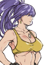  bare_shoulders blue_eyes blue_hair breasts cleavage crop_top dog_tags earrings female hands_on_own_hips jewelry leona_heidern long_hair muscular muscular_female ponytail simple_background solo tank_top the_king_of_fighters the_king_of_fighters_xiv the_king_of_fighters_xv triangle_earrings white_background yasunososaku yellow_tank_top 