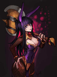  alternate_costume animal_ears armads_(fire_emblem) axe black_hair bodystocking bracelet breasts cleavage female fire_emblem fire_emblem:_the_blazing_blade fire_emblem_awakening fire_emblem_heroes fishnets gold_trim hand_on_own_hip highres holding holding_axe holding_weapon jewelry large_breasts leotard pantyhose pelvic_curtain playboy_bunny purple_eyes purple_lips rabbit_ears saiykik signature tharja_(fire_emblem) weapon 