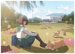  animal bag black_legwear blanket blurry blurry_foreground brown_hair building canine cloud commentary day female grass handbag highres kite kneehighs knees_up multiple_dogs original outdoors school_uniform serafuku short_hair sitting socks tent too_many too_many_dogs tree vivid507 welsh_corgi 