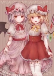  2girls :d adapted_costume bat_wings bebitera blonde_hair bow bowtie center_frills closed_mouth commentary crystal dress fangs flandre_scarlet frilled_sleeves frills garter_straps grey_background hat hat_ribbon highres light_purple_hair long_dress looking_at_viewer mob_cap multiple_girls neck_ribbon one_side_up open_mouth orange_bow orange_bowtie petticoat pinafore_dress pink_dress puffy_short_sleeves puffy_sleeves red_bow red_bowtie red_dress red_eyes red_ribbon remilia_scarlet ribbon short_dress short_hair short_sleeves siblings simple_background sisters skirt_hold sleeveless sleeveless_dress smile standing striped striped_background thighhighs touhou underbust vertical_stripes white_legwear wings wrist_cuffs 