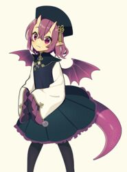  :3 beige_background black_dress black_hat black_pantyhose black_skirt blush crossed_bangs demon_wings dragon_tail dress feet_out_of_frame female frilled_skirt frills hair_between_eyes hat hat_ornament horns mamyouda medium_hair original pantyhose pointy_ears purple_eyes purple_hair purple_wings skin-covered_horns skirt sleeves_past_fingers sleeves_past_wrists solo tail white_sleeves wide_sleeves wings 