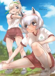  2girls :3 :d absurdres alpaca_ears alpaca_girl alpaca_huacaya_(kemono_friends) alpaca_suri_(kemono_friends) alpaca_tail alternate_costume animal_ears blonde_hair blue_eyes blue_sky blush cloud commentary_request day extra_ears grass green_hairband gym_shorts hair_bun hair_over_one_eye hair_tubes hairband highres horizontal_pupils japari_symbol kemono_friends looking_at_another matching_outfits multiple_girls name_tag open_mouth outdoors panties panties_under_shorts panty_peek pantyshot pink_hairband red_shorts shirt shoes short_hair shorts single_hair_bun sky smile sneakers socks sportswear stretching t-shirt tail thin_(suzuneya) translated twitter_username underwear upshorts white_hair white_legwear white_panties white_shirt 