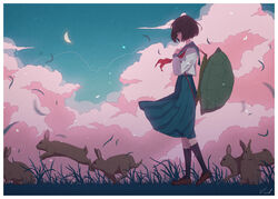  backpack bag black_hair black_legwear blue_skirt brown_footwear cloud commentary crescent_moon female grass highres long_sleeves moon original outdoors rabbit school_uniform serafuku shirt short_hair skirt socks vivid507 white_shirt wind 